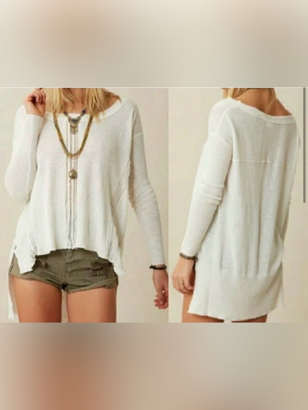 Free People Lace Trim High-Low Sweater Tunic - Ivory - Small